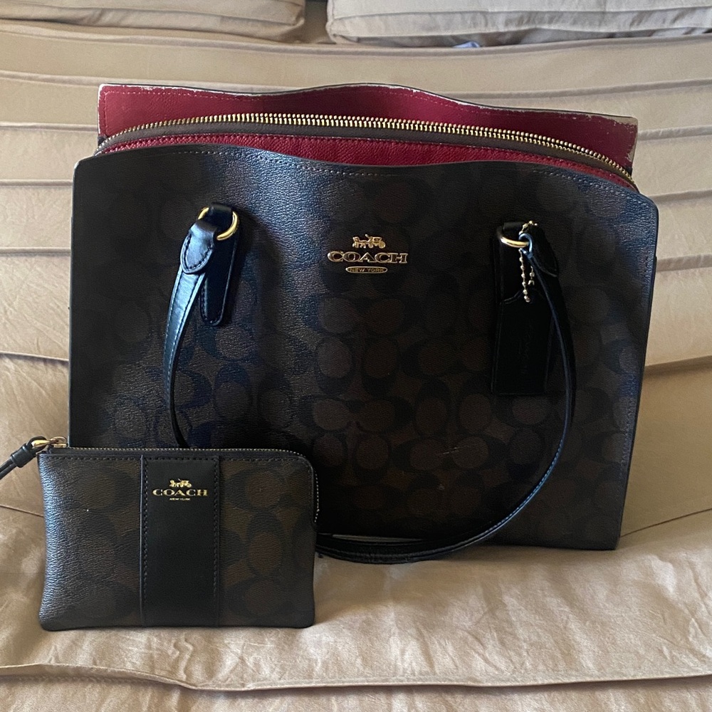 Coach Black and Brown Tote with Red Interior